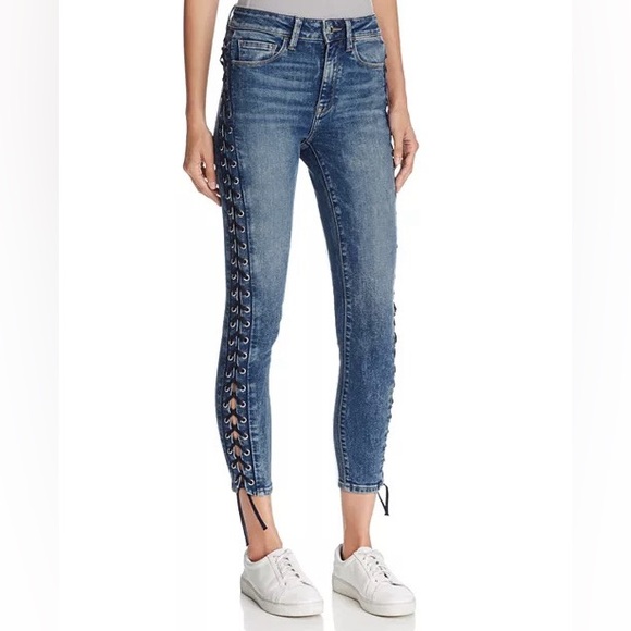Mavi Tess Lace-Up Skinny Jeans High Rise Indigo Dark Eyelet 29 - Picture 1 of 12